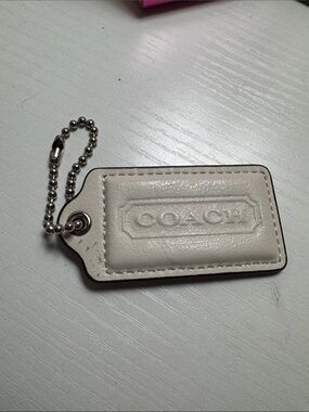 Coach White Leather Embossed Logo Key Tag with Ball Chain